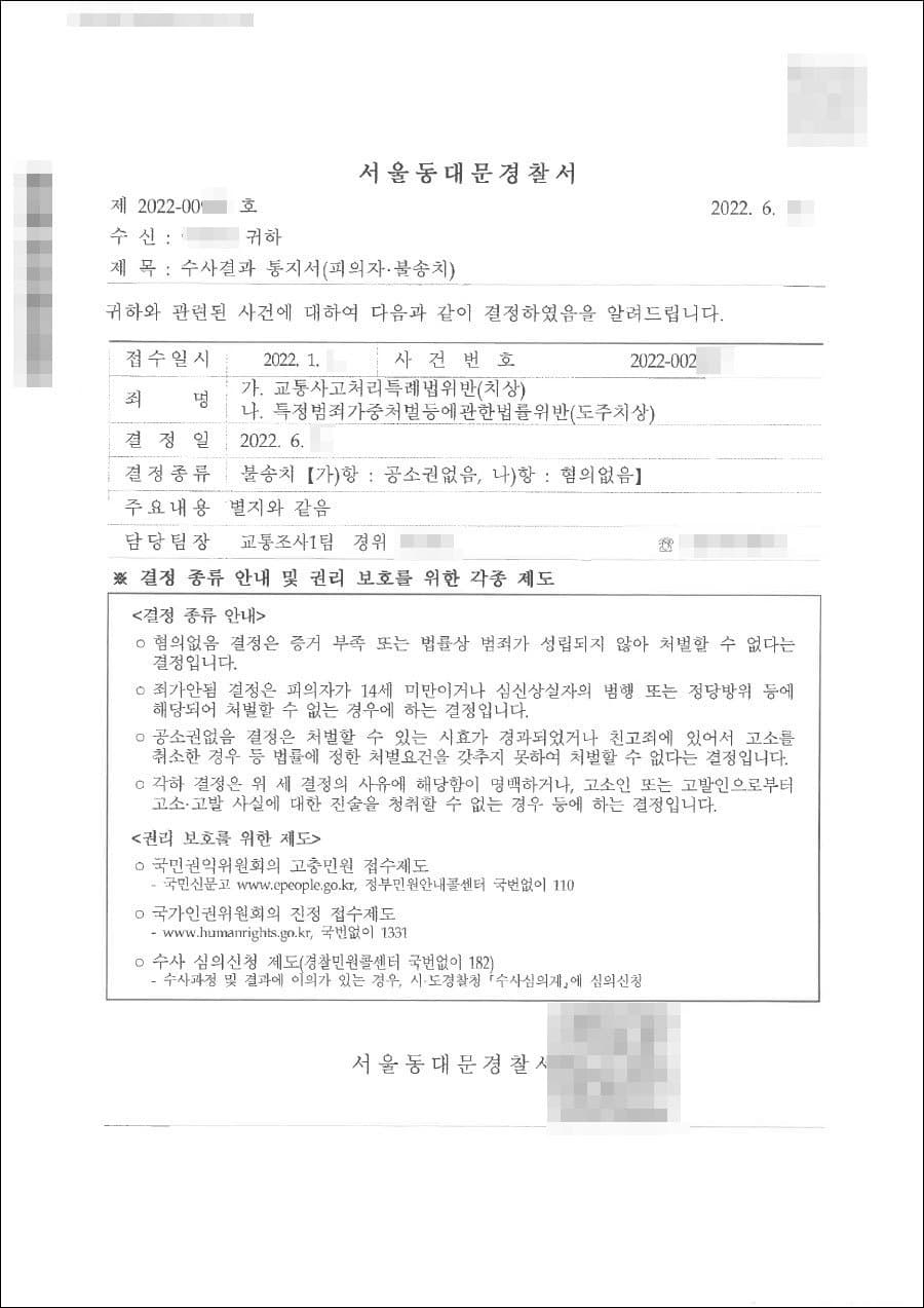 불송치처분(무혐의) | 특정범죄가중처벌등에관한법률위반(도주치상), 교통사고처리특례법위반(치상) - 서울동대문경찰서 2022-002***
