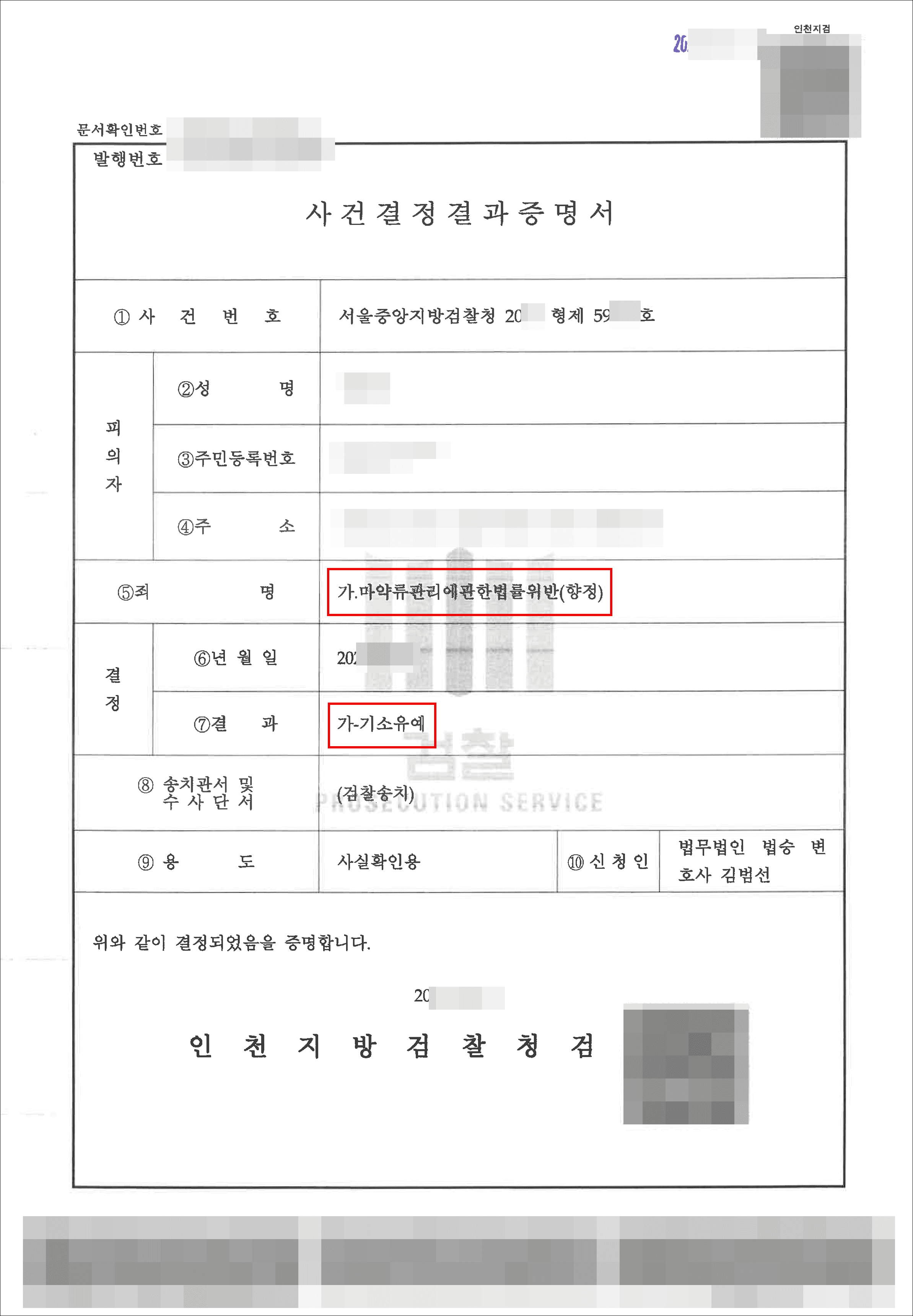 기소유예 | 마약류관리에관한법률위반(향정) - 서울중앙지방검찰청 20**형제59***