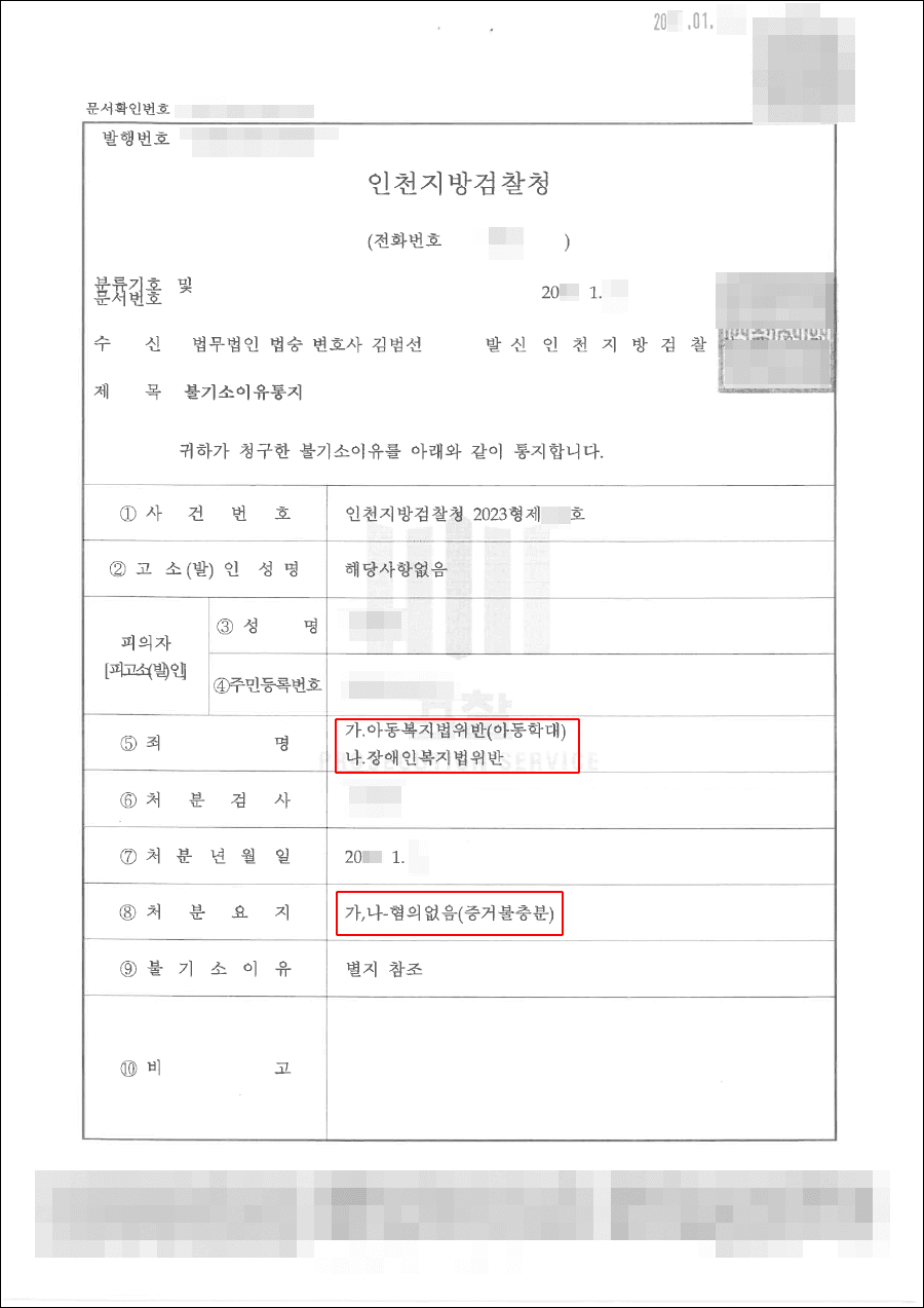 증거불충분(무혐의) | 아동복지법위반(아동학대), 장애인복지법위반 – 인천지방검찰청 20**형제***호