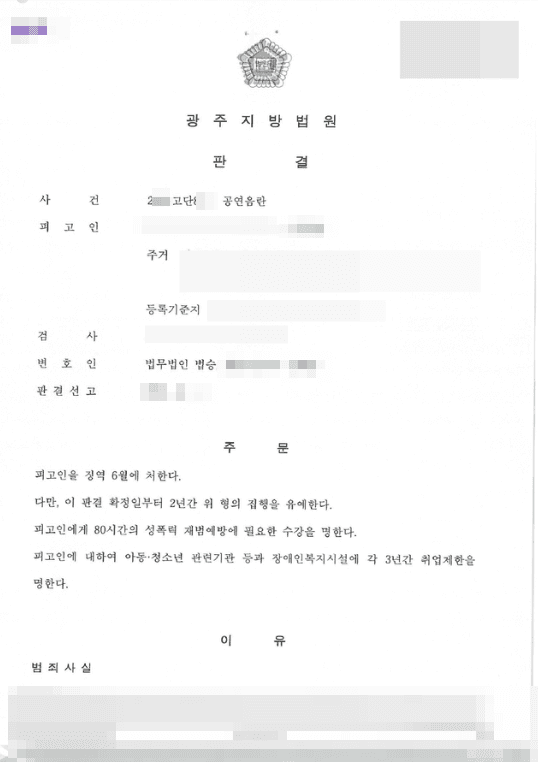 집행유예 | 공연음란 - 광주지방법원 20**고단***