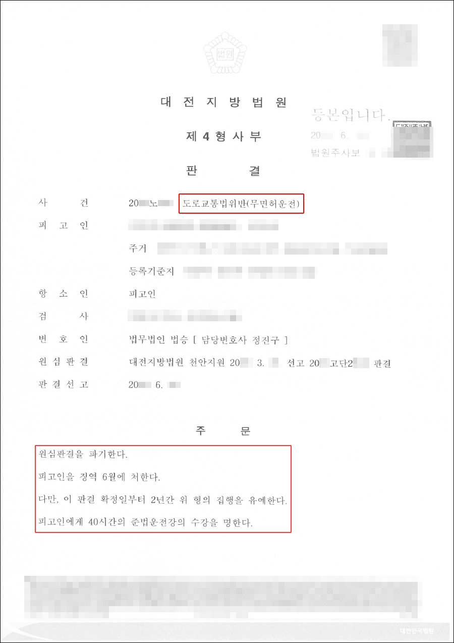집행유예 | 도로교통법위반(무면허운전) - 대전지방법원 20**노***