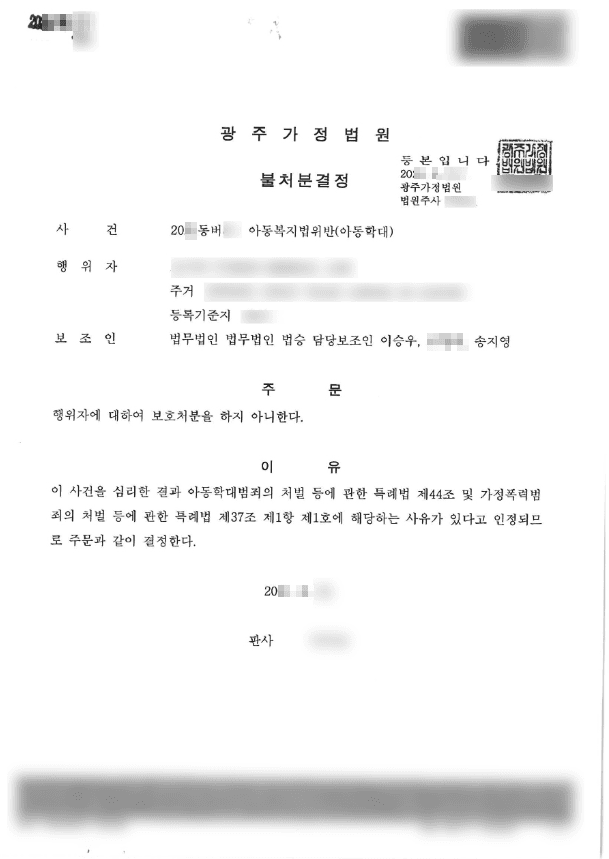 불처분 | 아동복지법위반(아동학대) - 광주가정법원 20**동버**