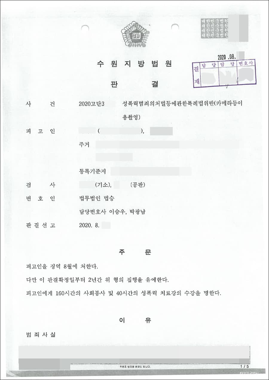 집행유예 | 성폭력범죄의처벌등에관한특례법(카메라등을이용한촬영)위반 - 수원지방법원 2020고단3***