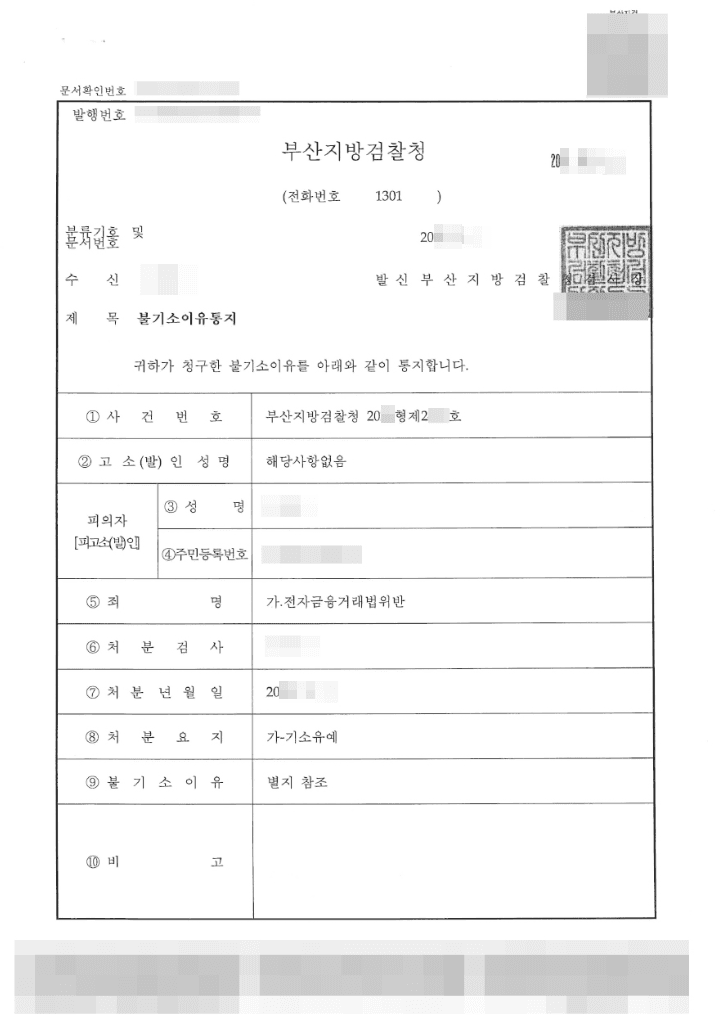 기소유예 | 전자금융거래법위반 - 부산지방검찰청 20**형제2***