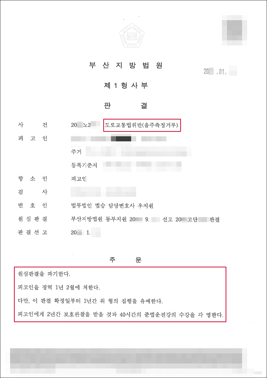 구속피고인 집행유예 | 도로교통법위반(음주측정거부) - 부산지방법원 20**노2***