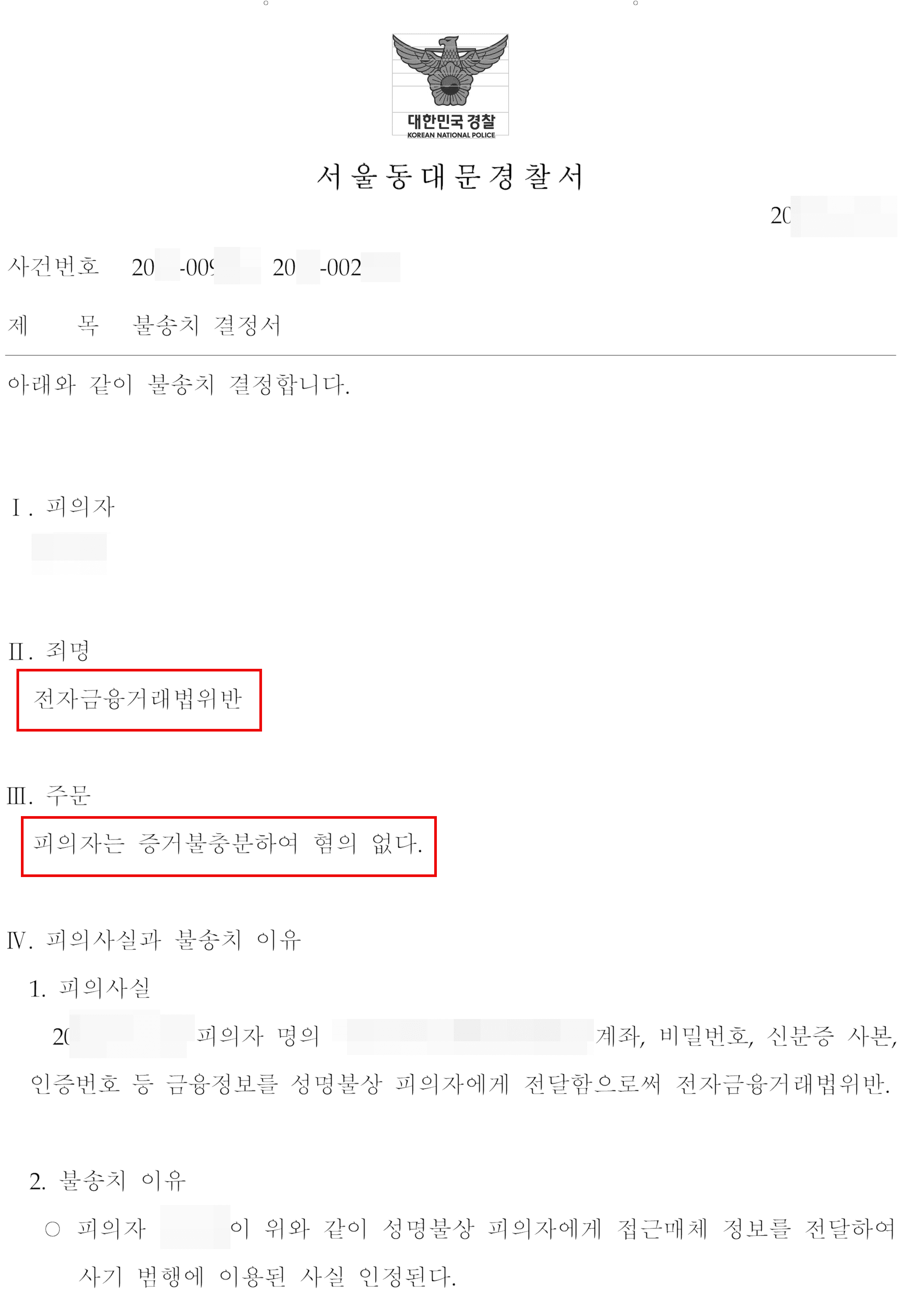 불송치(증거불충분) | 전자금융거래법위반 – 서울동대문경찰서 20**-009***, 20**-002***
