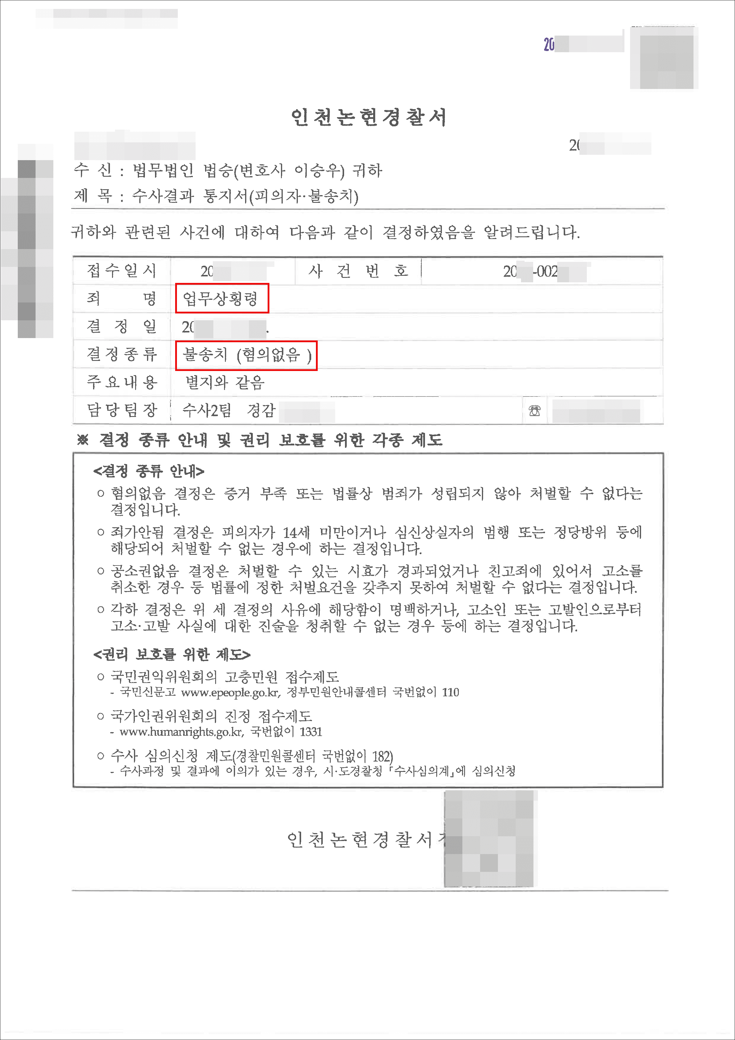 불송치(혐의없음) | 업무상횡령 – 인천논현경찰서 20**-002***