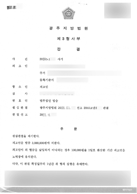벌금형 집행유예 | 사기 - 광주지방법원 20**고단3***