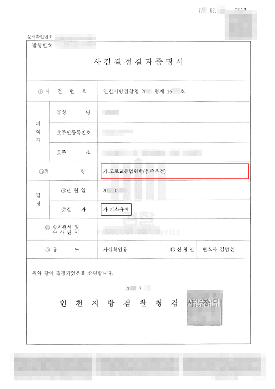 기소유예 | 음주운전 - 인천지방검찰청 20**형제16***호
