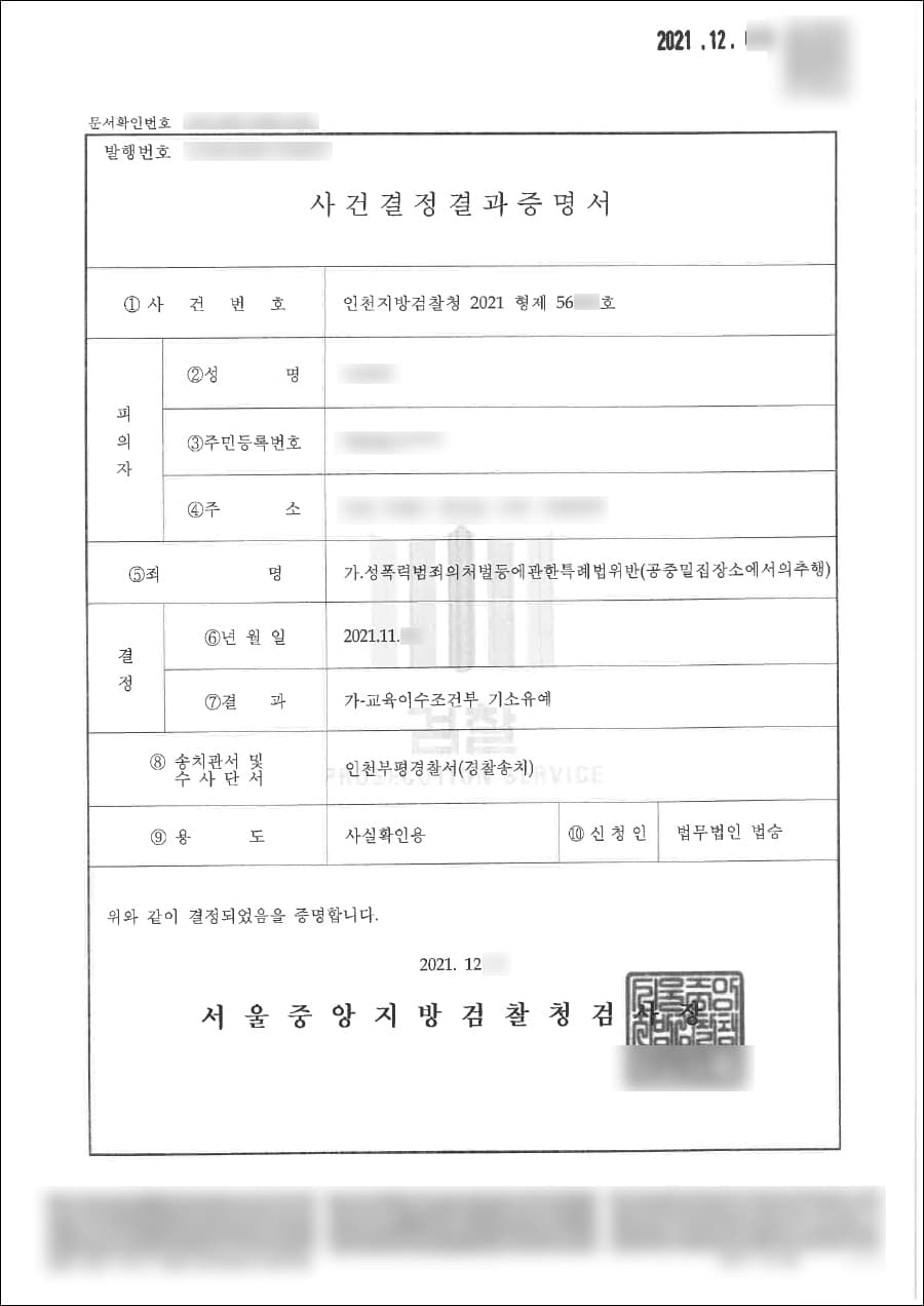 [서초 성추행사건 변호사] 기소유예 | 성폭법위반(공중밀집장소에서의추행) - 인천지방검찰청 2021형제56***