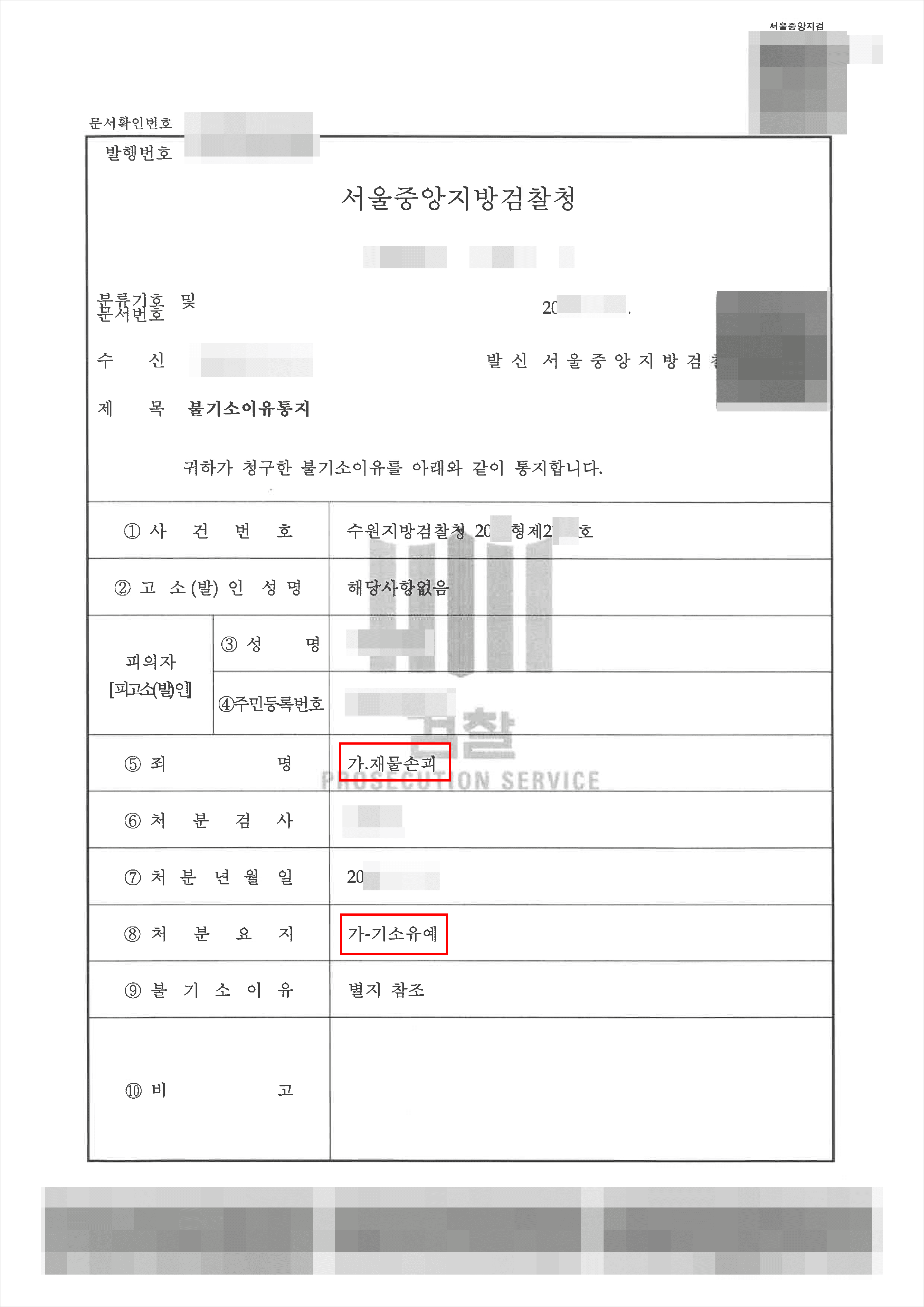 불기소(기소유예) | 재물손괴 - 수원지방검찰청 20**형제2***