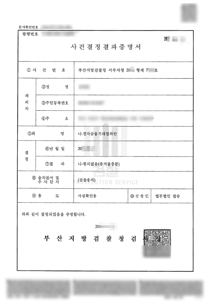 불송치(혐의없음) / 혐의없음(증거불충분) | 전자금융거래법위반 - 부산동부경찰서 20**-002***, 20**-002*** / 부산지방검찰청 서부지청 20**형제7***