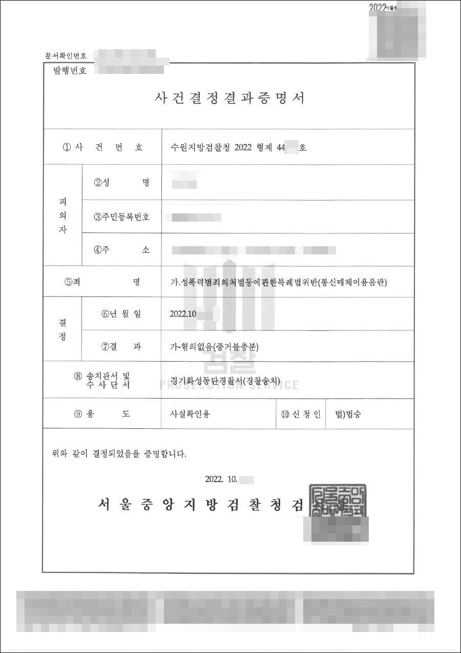혐의없음 | 성폭력범죄의처벌등에관한특례법위반(통신매체이용음란) - 수원지방검찰청 20**형제44***