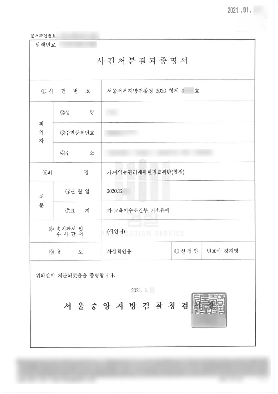 기소유예 | 마약류관리에관한법률위반(향정) - 서울서부지방검찰청 20**형제40***