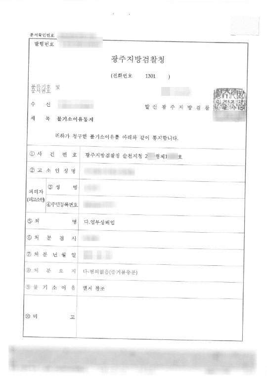 혐의없음(증거불층분) | 업무상배임 - 광주지방검찰청 순천지청 20**형제 12***호