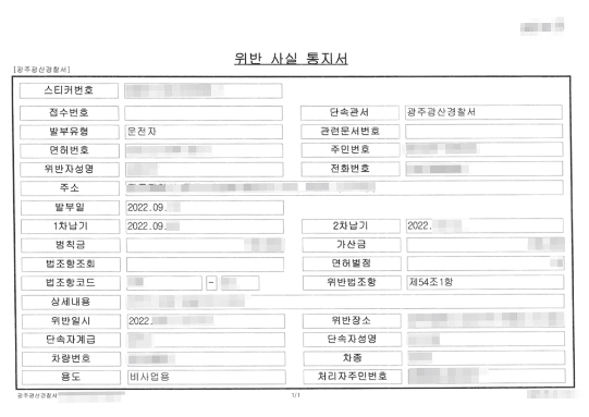 범칙금 종결 | 특정범죄 가중처벌 등에 관한 법률(도주치상)등 - 광주광산경찰서 접수번호 20**-4***
