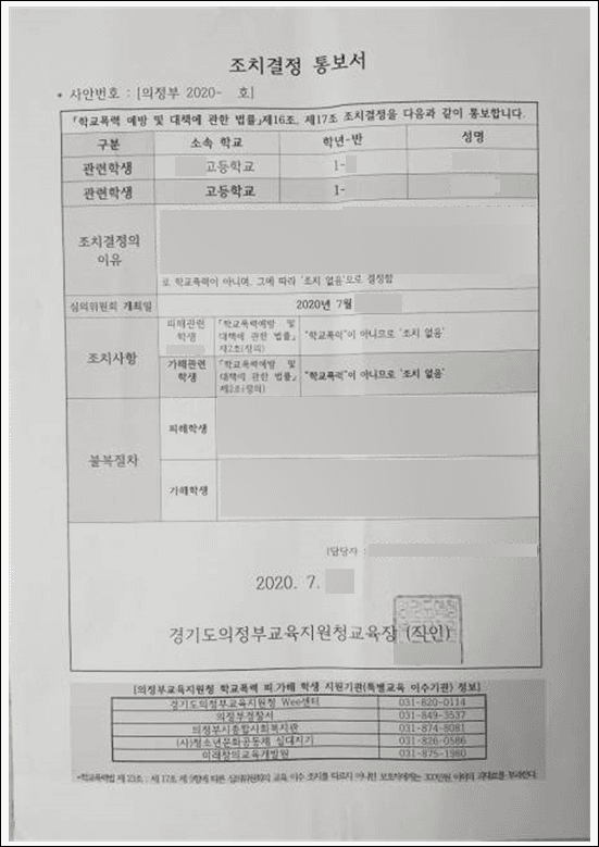 조치없음(학교폭력 불인정) | 학교폭력 가해학생 - 경기도의정부교육지원청 의정부2020-**