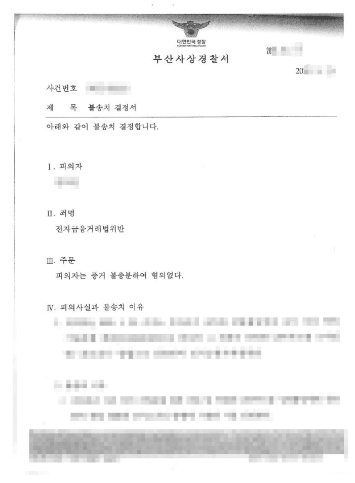 불송치결정(무혐의) | 전자금융거래법위반 - 부산사상경찰서 20**-002***