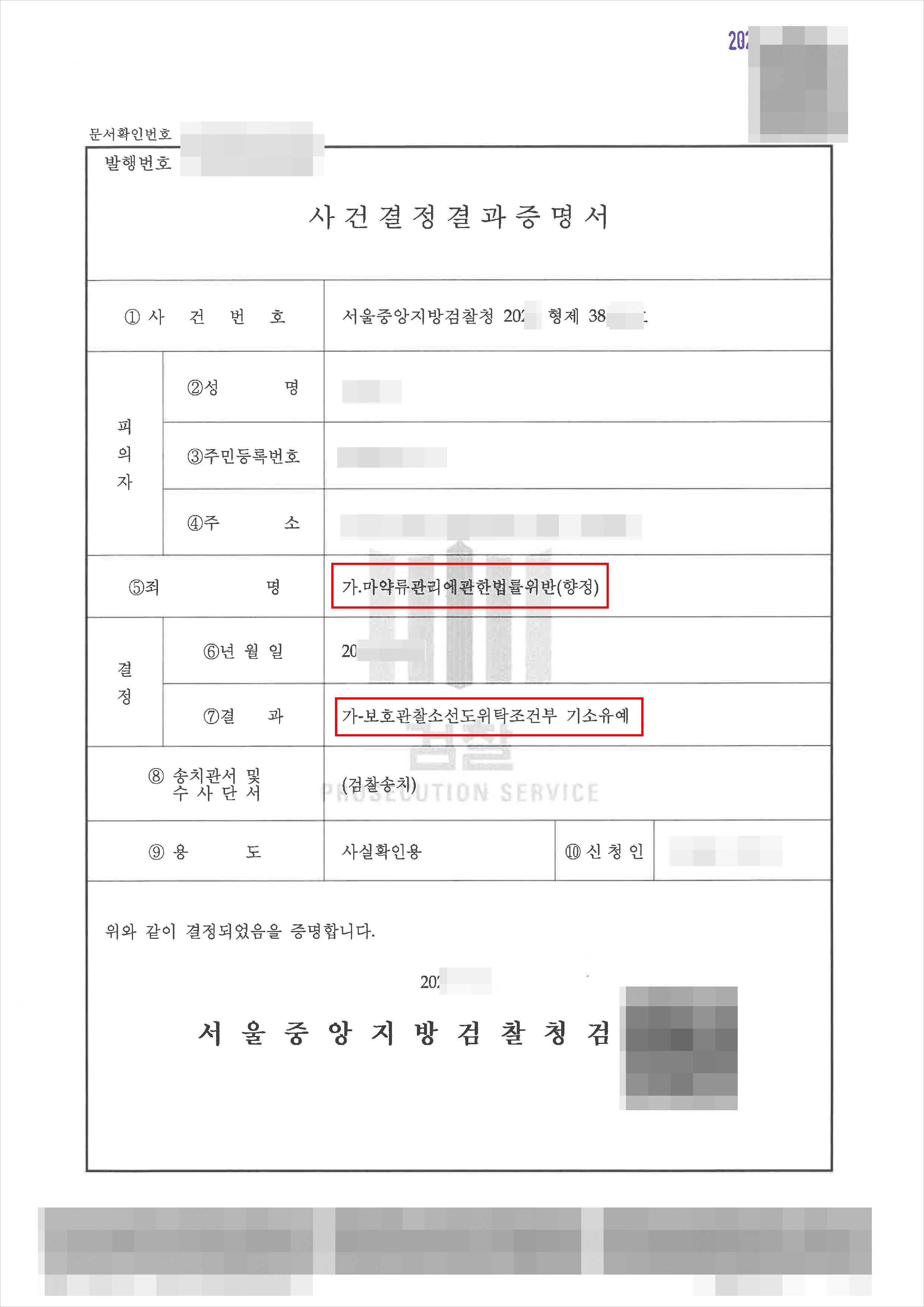 기소유예 | 마약류관리에관한법률위반(향정) - 서울중앙지검 20**형제38***