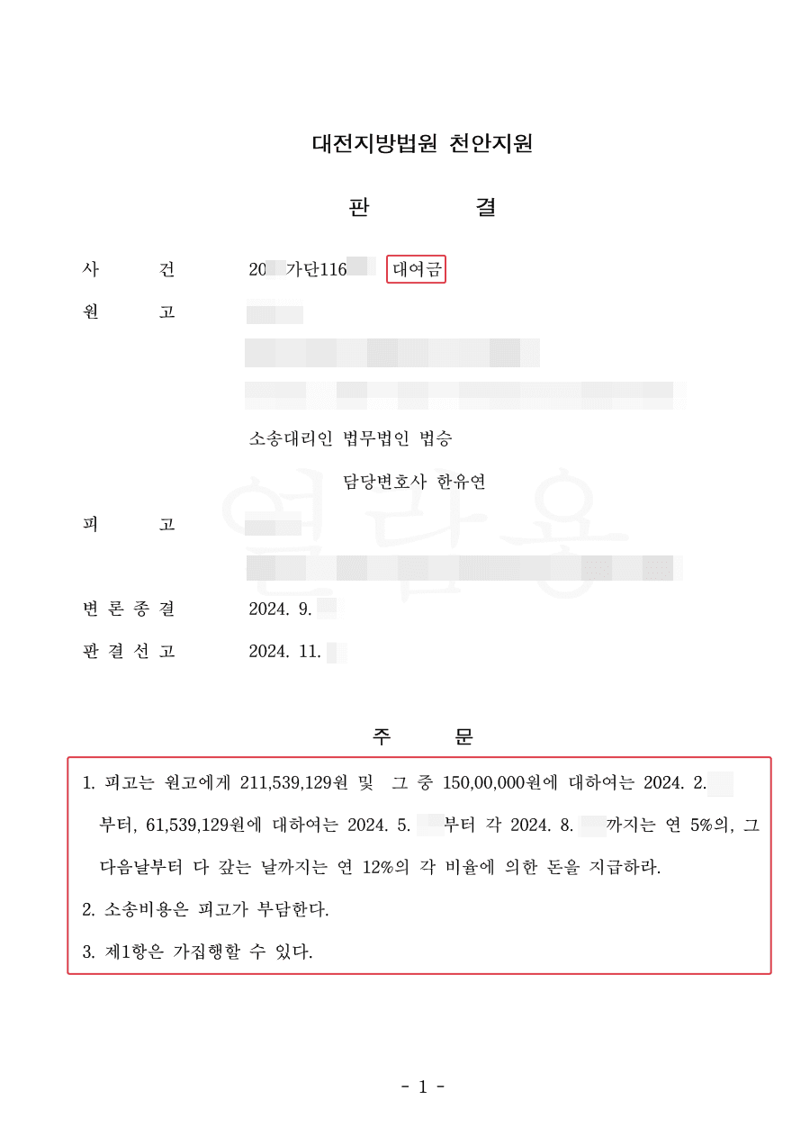 원고 승소 | 2억원의 대여금 변제 위한 대여금 청구 사건 전부 승소 판결