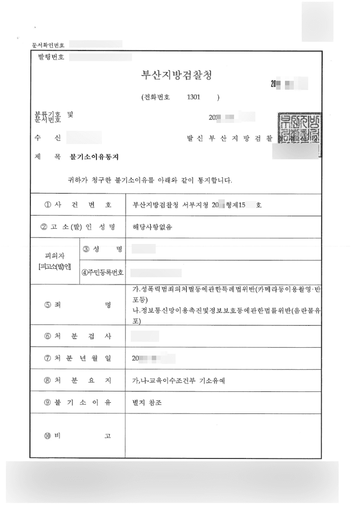 교육이수조건부 기소유예 | 성폭력범죄의처벌등에관한특례법위반(카메라등이용촬영·반포등)등 - 부산지방검찰청 20**형제15***호