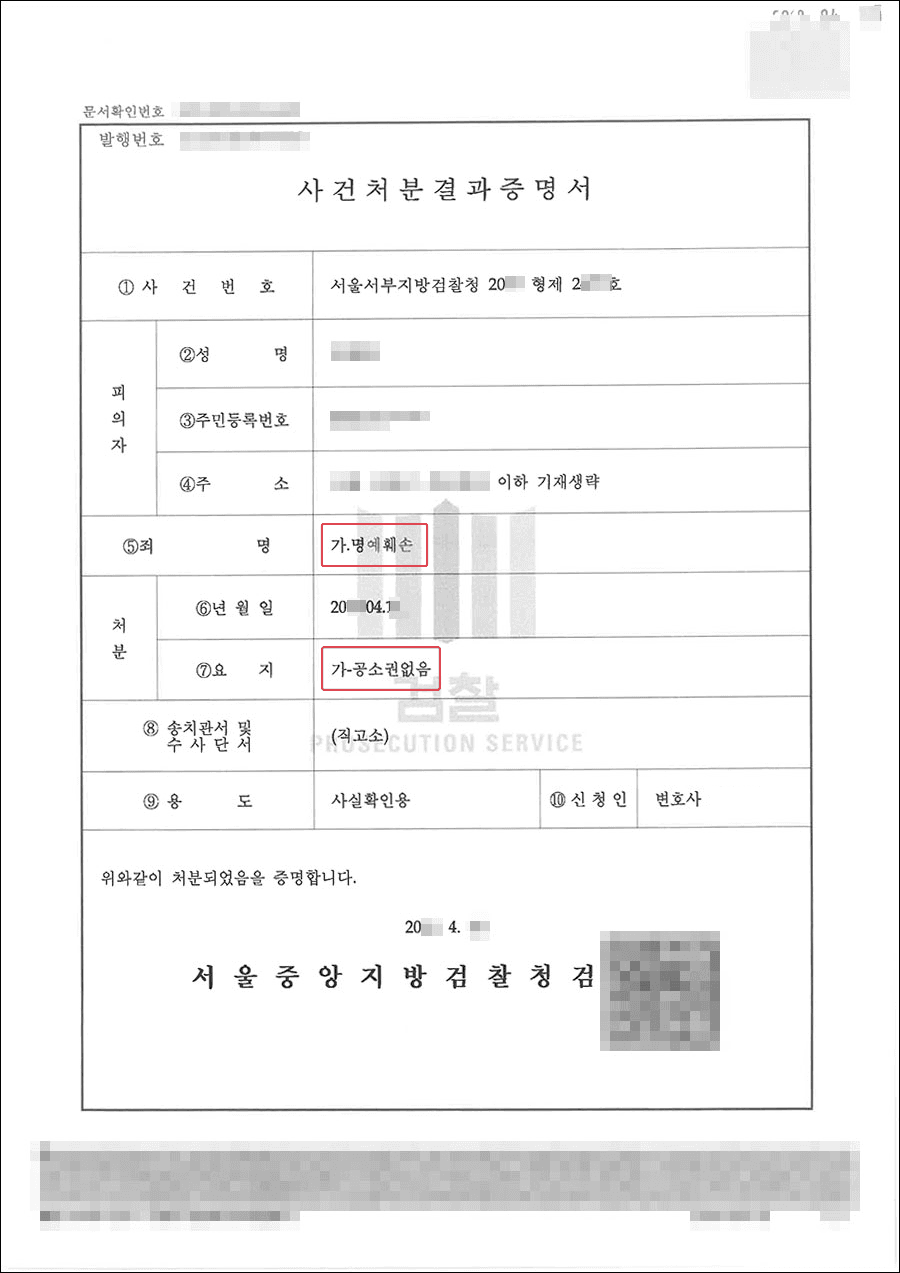 공소권없음 | 명예훼손 - 서울서부지방검찰청 20**형제2***호