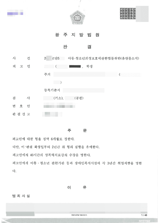 집행유예 | 아동·청소년의성보호에관한법률위반(음란물소지) - 광주지방법원 20**고단5***
