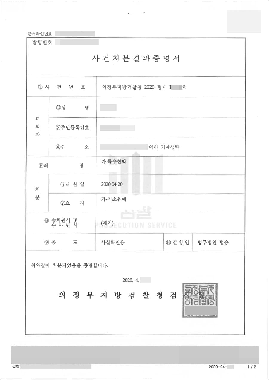 기소유예 | 특수협박 - 의정부지방검찰청 2020형제 18***호