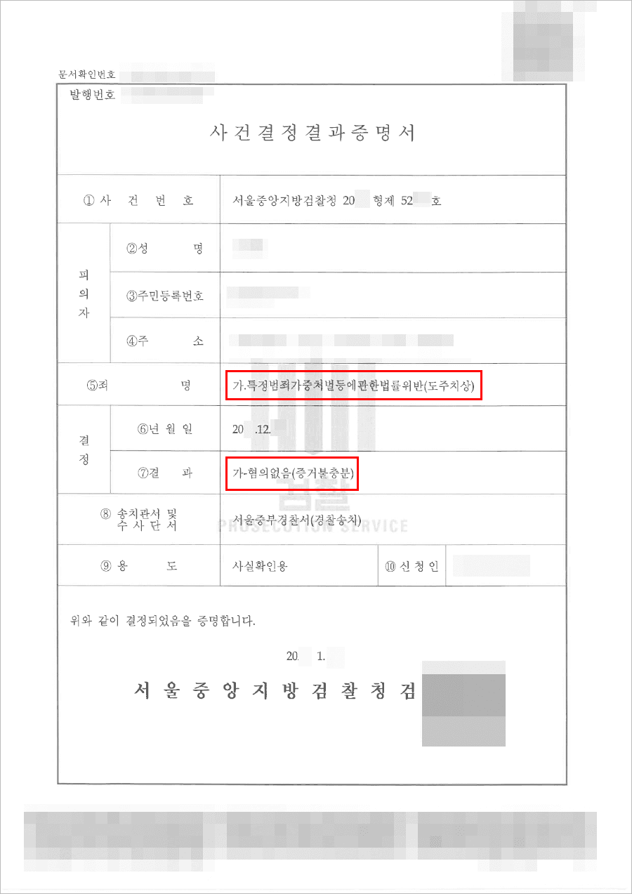 불기소처분(무혐의) | 특정범죄가중처벌등에관한법률 위반(도주치상) - 서울중앙지방검찰청 20**형제52***