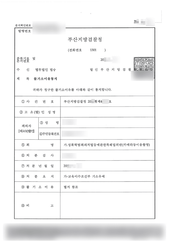 교육이수조건부 기소유예 | 성폭력범죄의처벌등에관한특례법위반(카메라등이용촬영) - 부산지방검찰청 20**형제46***