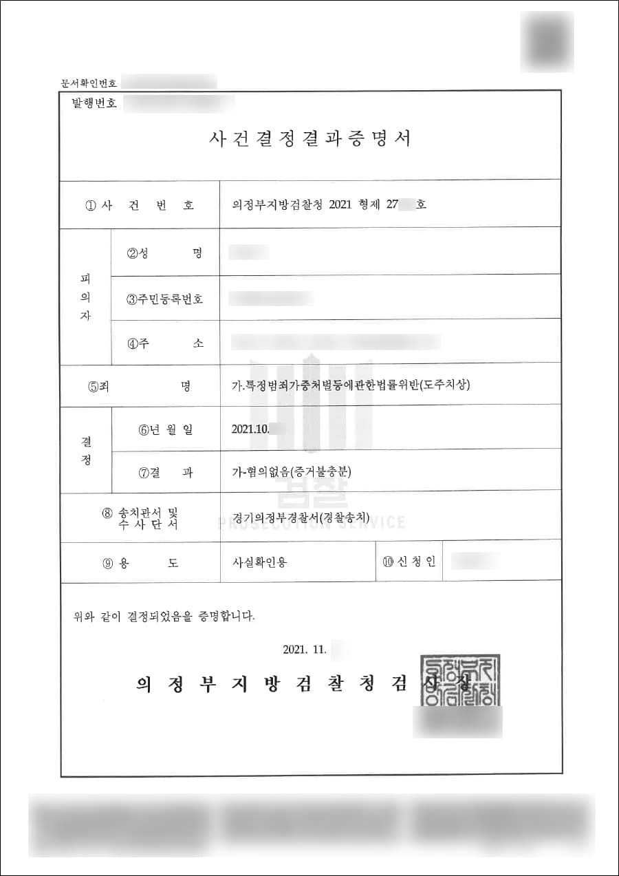 혐의없음(증거불충분) 불기소 처분 | 특정범죄가중처벌등에관한법률위반(도주치상) - 의정부지방검찰청 2021형제****호