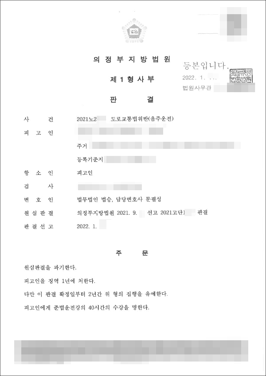 구속피고인 집행유예(원심파기) | 도로교통법위반(음주운전) - 의정부지방법원 2021노***